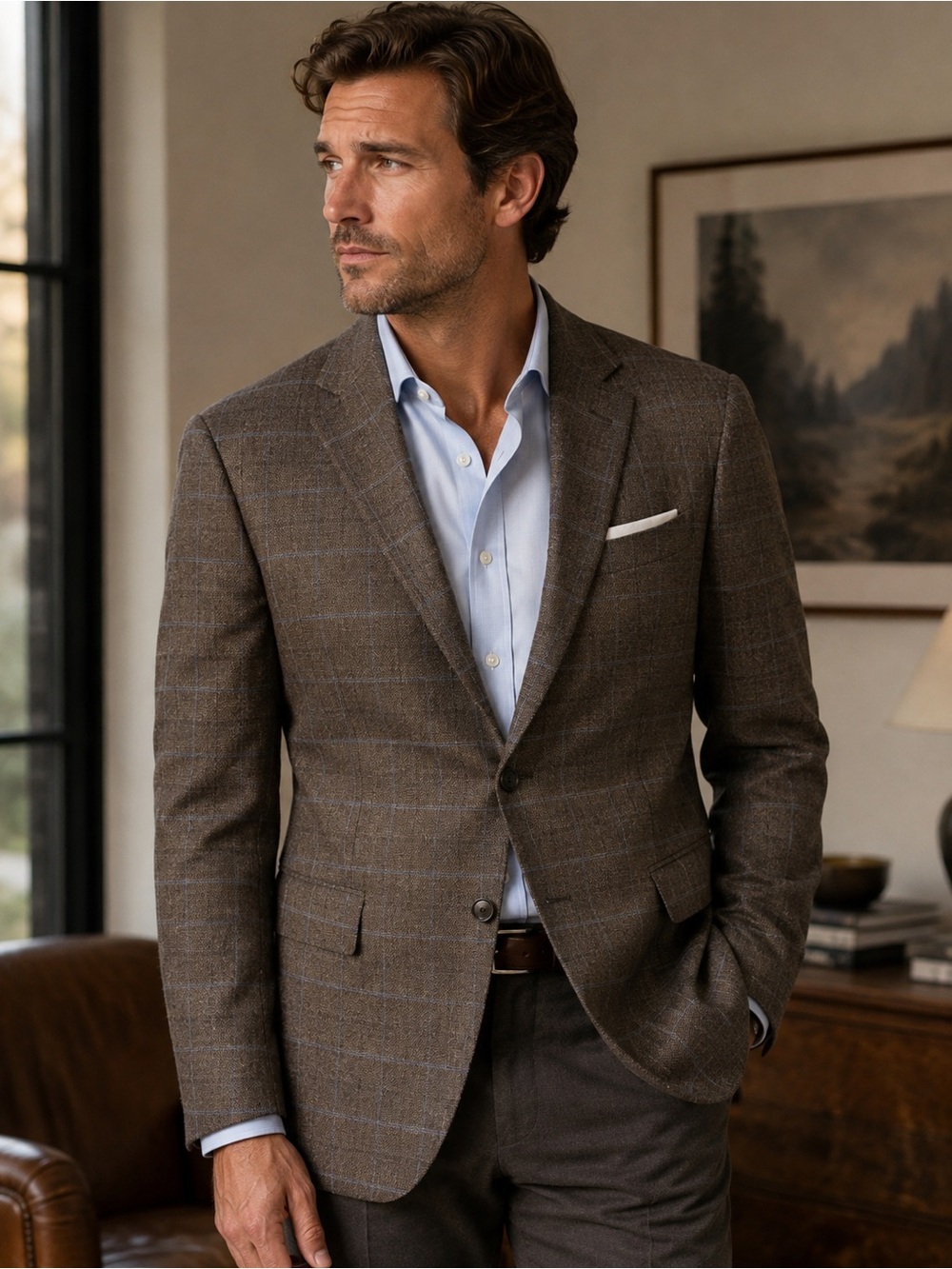 Lubiam Made in Italy 44R Plaid Sport Coat Reda Pure Virgin Wool Brown Blue